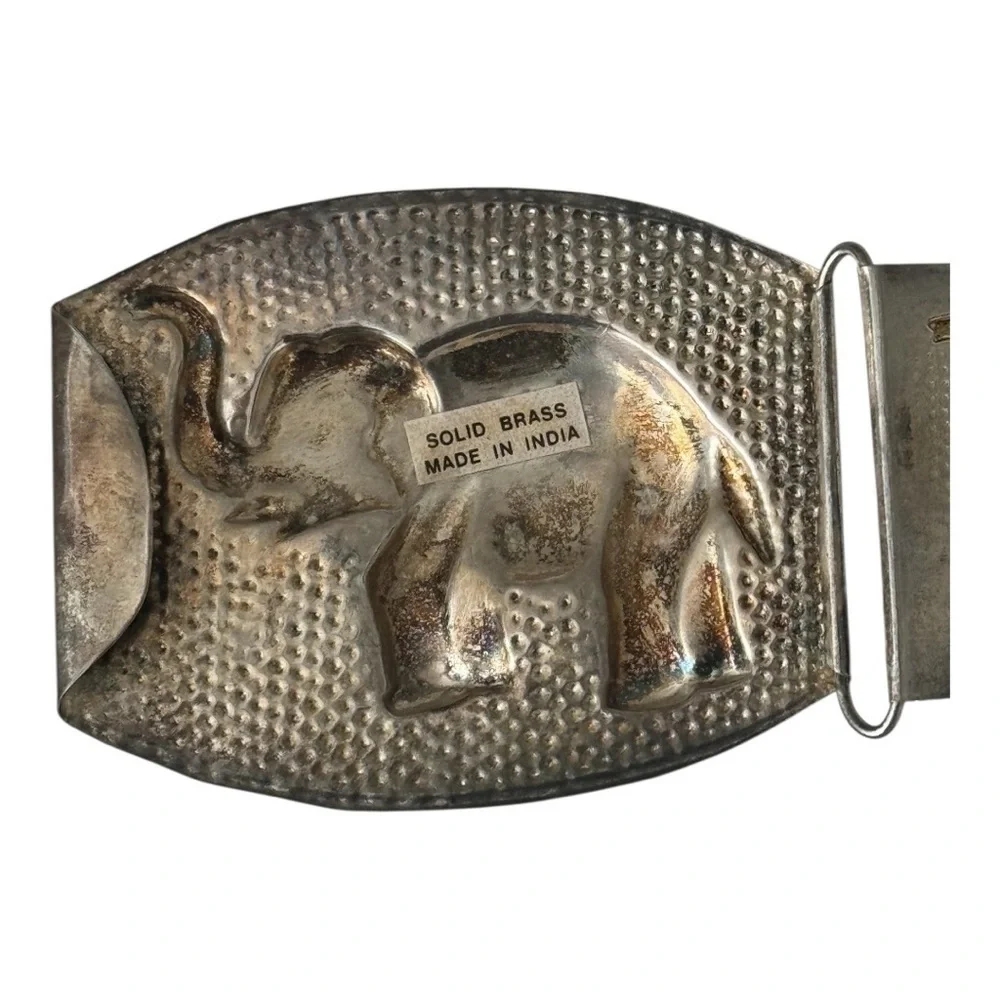 Elephant Embossed Belt Brass Made in India Silver Link Vintage 37” Accessory M L